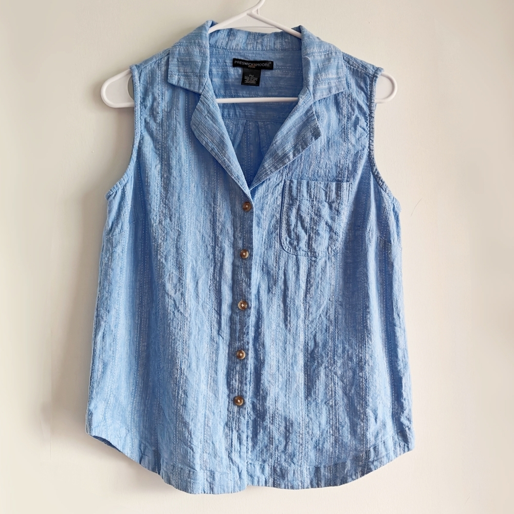 Denim Pinstripe Sleeveless Button Up Blouse Preswick & Moore